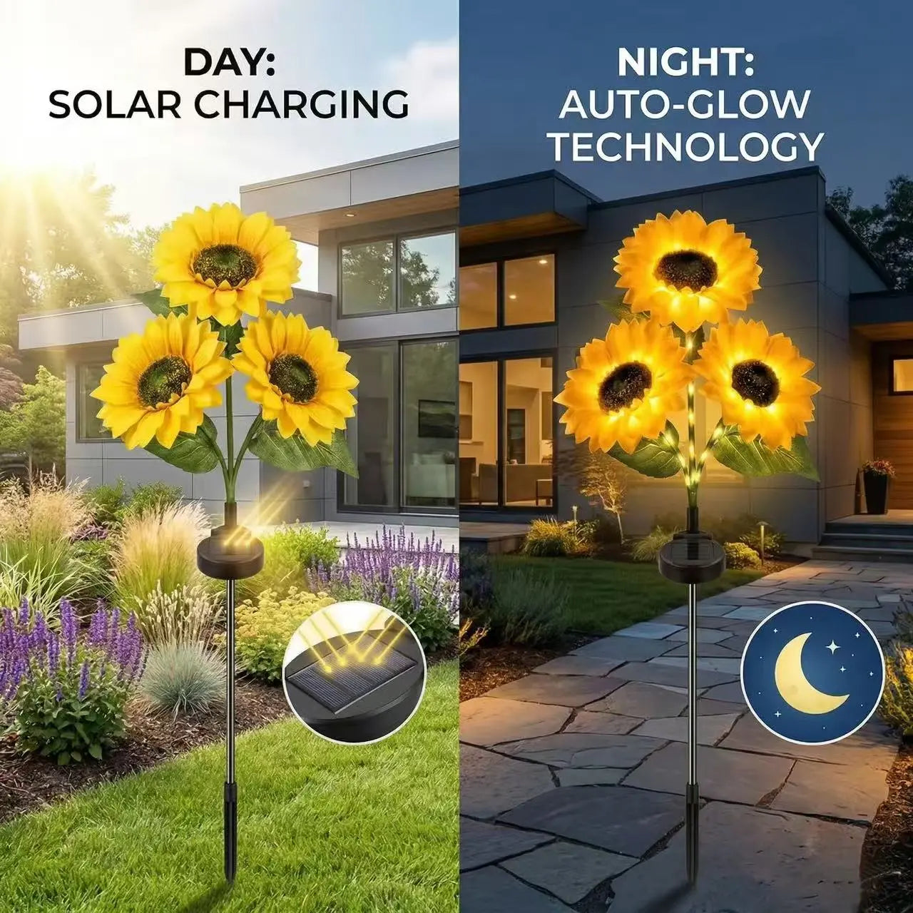 Solar Powered LED Sunflower Garden Light Set - Realistic Outdoor Illumination for Yard, Lawn, Patio, and Porch - Waterproof IP65, Energy Efficient, Durable Plastic with All Weather Protection - Available in Sets of 2, 4, or 6