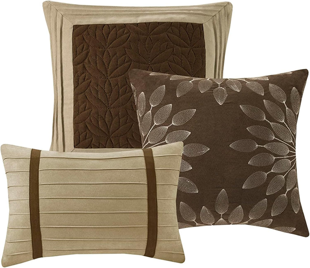 Palmer Comforter Set-Luxury Faux Suede Design, Striped Accent, All Season down Alternative Bedding, Matching Shams, Decorative Pillow, Bed Skirt, Queen (90 in X 90 In), Natural 7 Piece