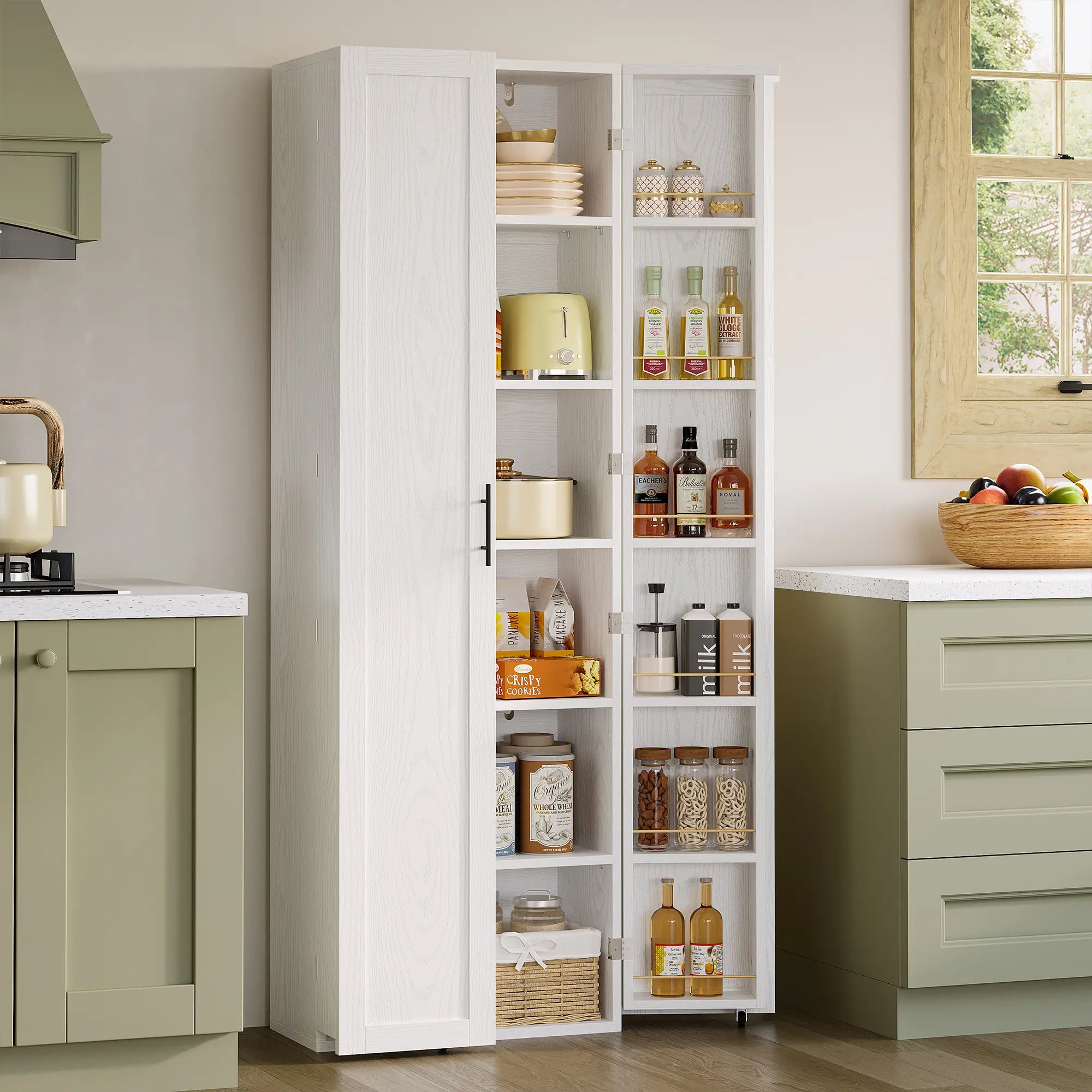 IRONCK 72" Freestanding Kitchen Pantry Storage Cabinet, Cupboard with 2 Doors & 12 Hanging Shelves for Storage Organization in Dining Room, Living Room