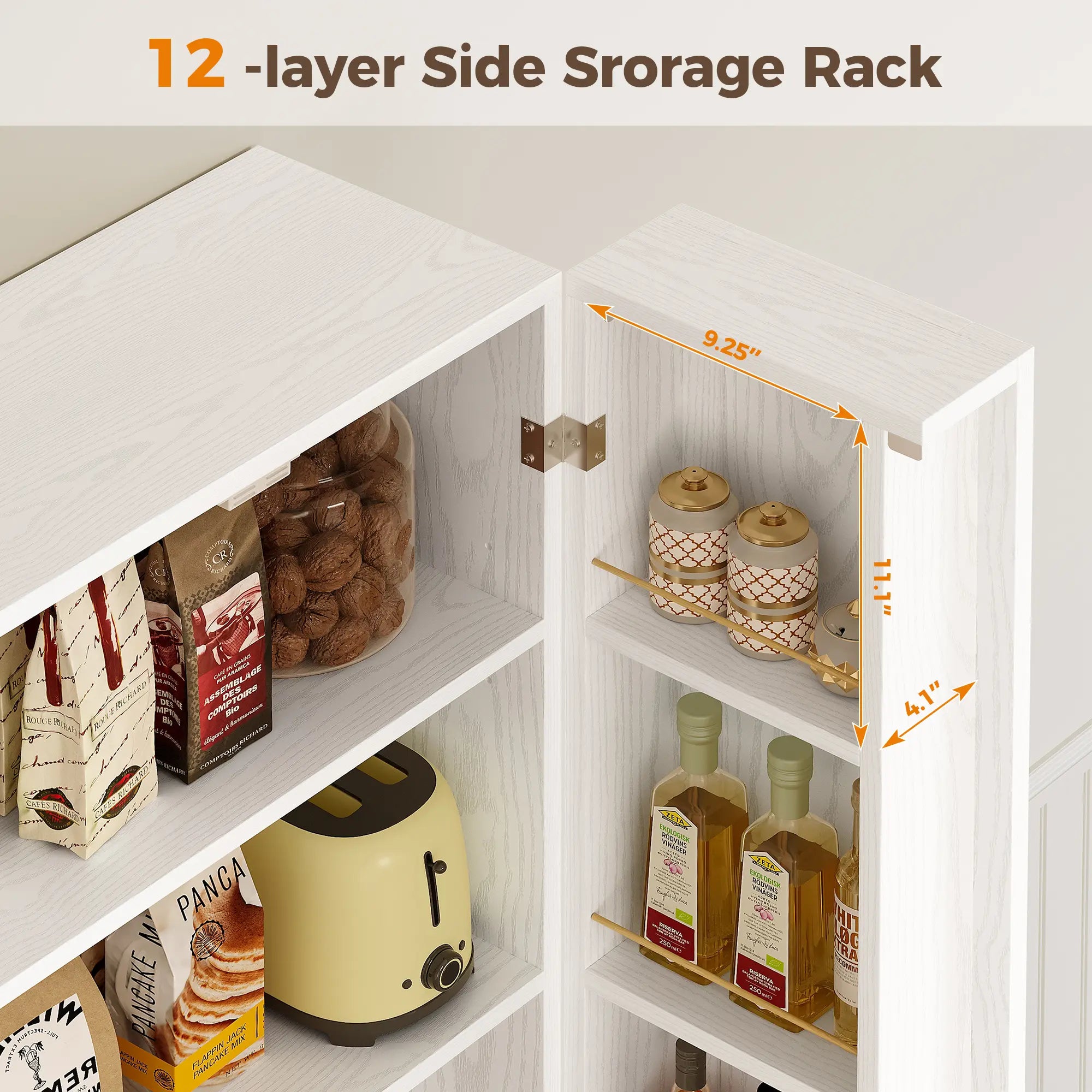 IRONCK 72" Freestanding Kitchen Pantry Storage Cabinet, Cupboard with 2 Doors & 12 Hanging Shelves for Storage Organization in Dining Room, Living Room