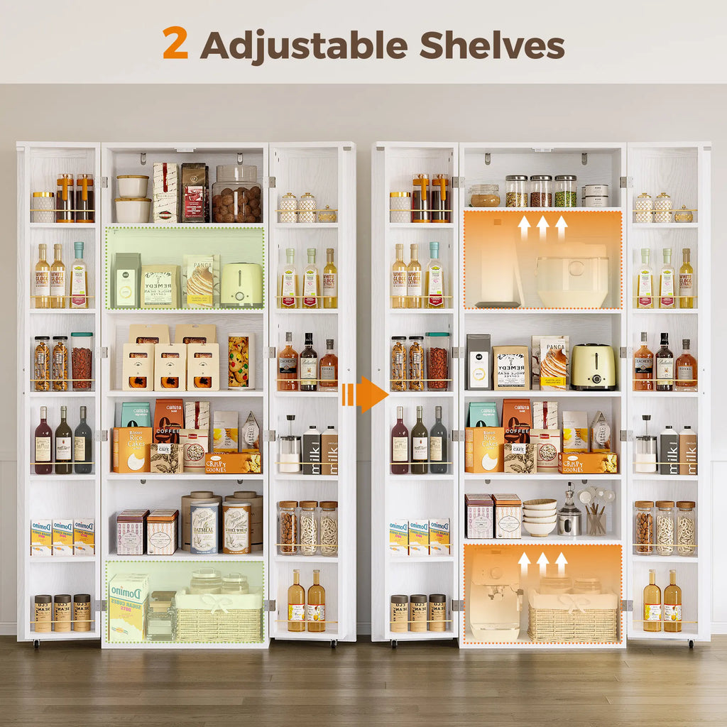 IRONCK 72" Freestanding Kitchen Pantry Storage Cabinet, Cupboard with 2 Doors & 12 Hanging Shelves for Storage Organization in Dining Room, Living Room
