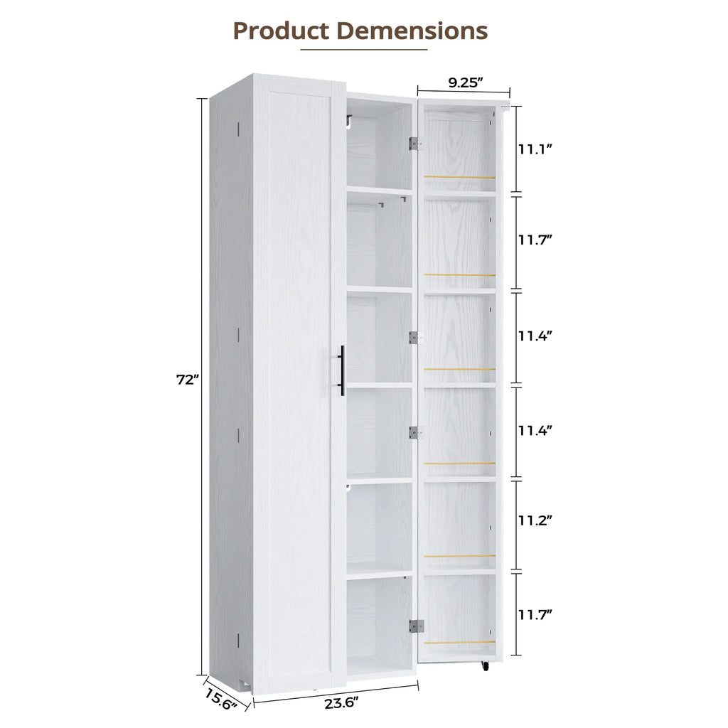 IRONCK 72" Freestanding Kitchen Pantry Storage Cabinet, Cupboard with 2 Doors & 12 Hanging Shelves for Storage Organization in Dining Room, Living Room