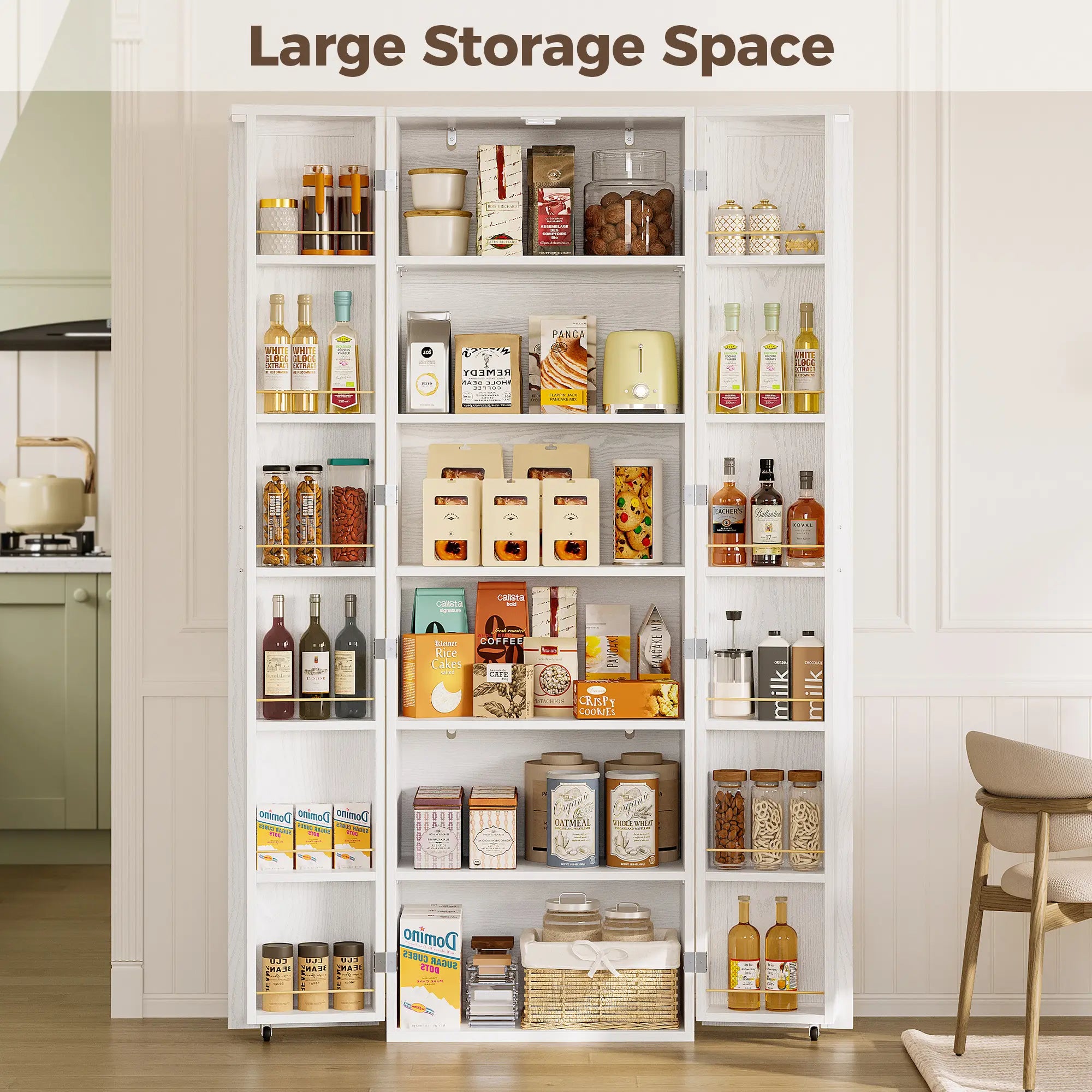 IRONCK 72" Freestanding Kitchen Pantry Storage Cabinet, Cupboard with 2 Doors & 12 Hanging Shelves for Storage Organization in Dining Room, Living Room